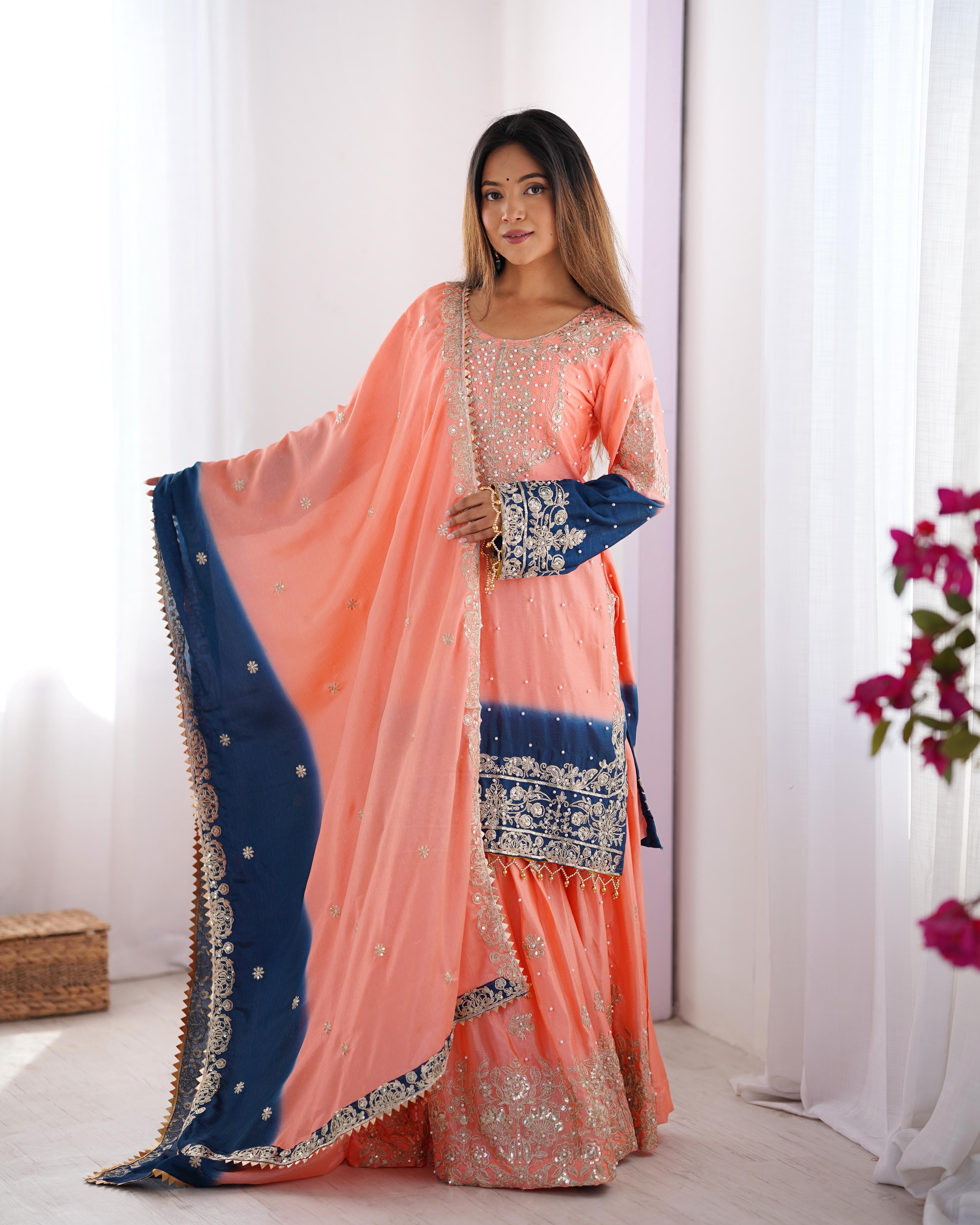 Beautiful Designer Chinon Silk Sequence With Rivet Moti Work Sharara