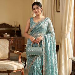 Party-wear Space Silk With Real Gold Beads With Cutwork Border Saree