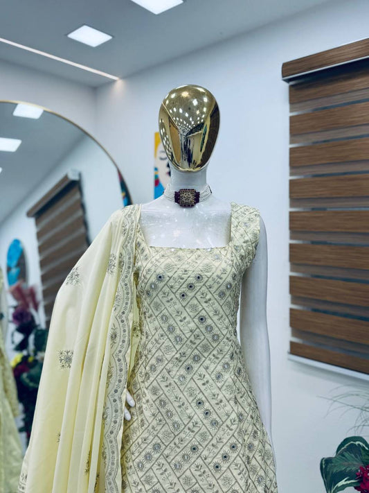 Designer Party-wear Natural Crepe Embroidery Sequence Suit