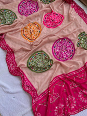 Beautiful Chinon Digital Bandhani Printed With Chakri Motifs Work Saree
