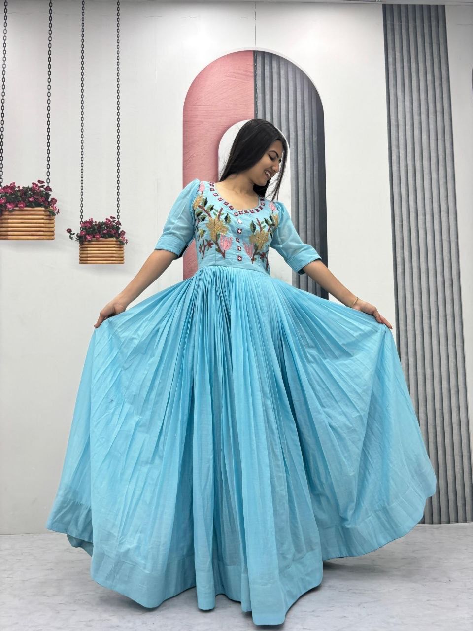 Beautiful Mal Cotton Embroidery Thread Hand Mirror Work Gown