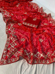 Beautiful Traditional Bandhej Gota Foil & Sequence Work Saree