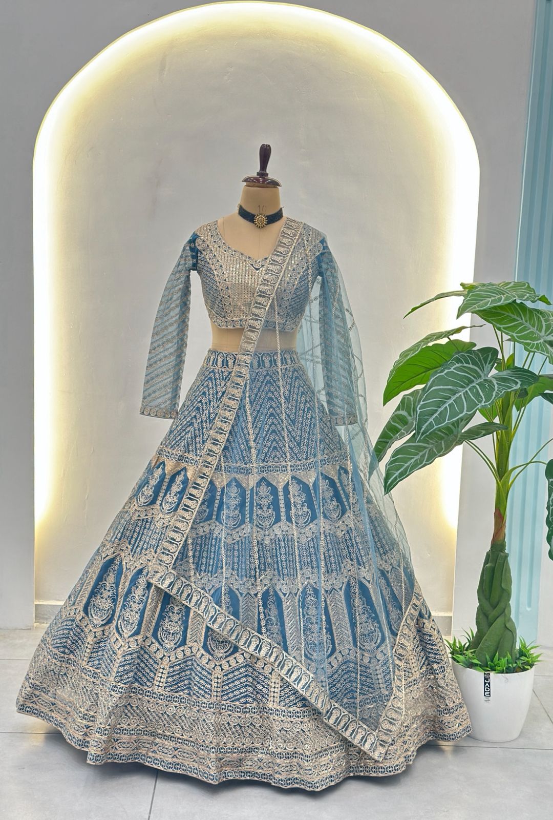 Reception Special Butterfly Net Sequins & Zari  Embroidery Work Lehenga Choli