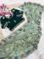 Beautiful Multi Embroidery Sequence Siroski Work Saree