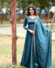 Beautiful Gold Crushed Silk Sequence Embroidery Work Long Gown