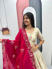 Festive Special Chinon Silk Embroidery Thread Sequence Work Lehenga With Stitched Blouse