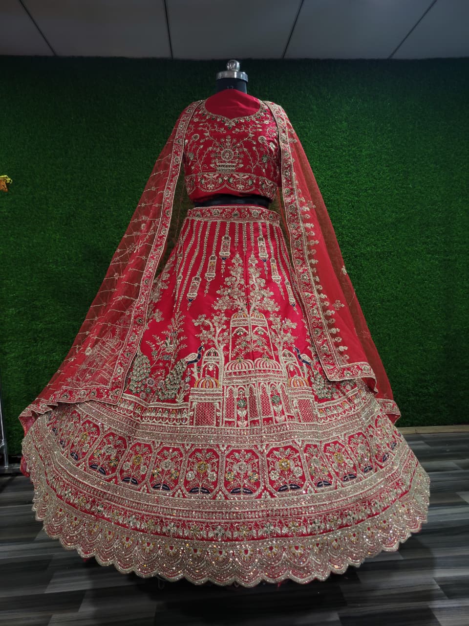 Trending Premium Silk With Zarkan Diamond & Embroidery Work Red Bridal Lehenga