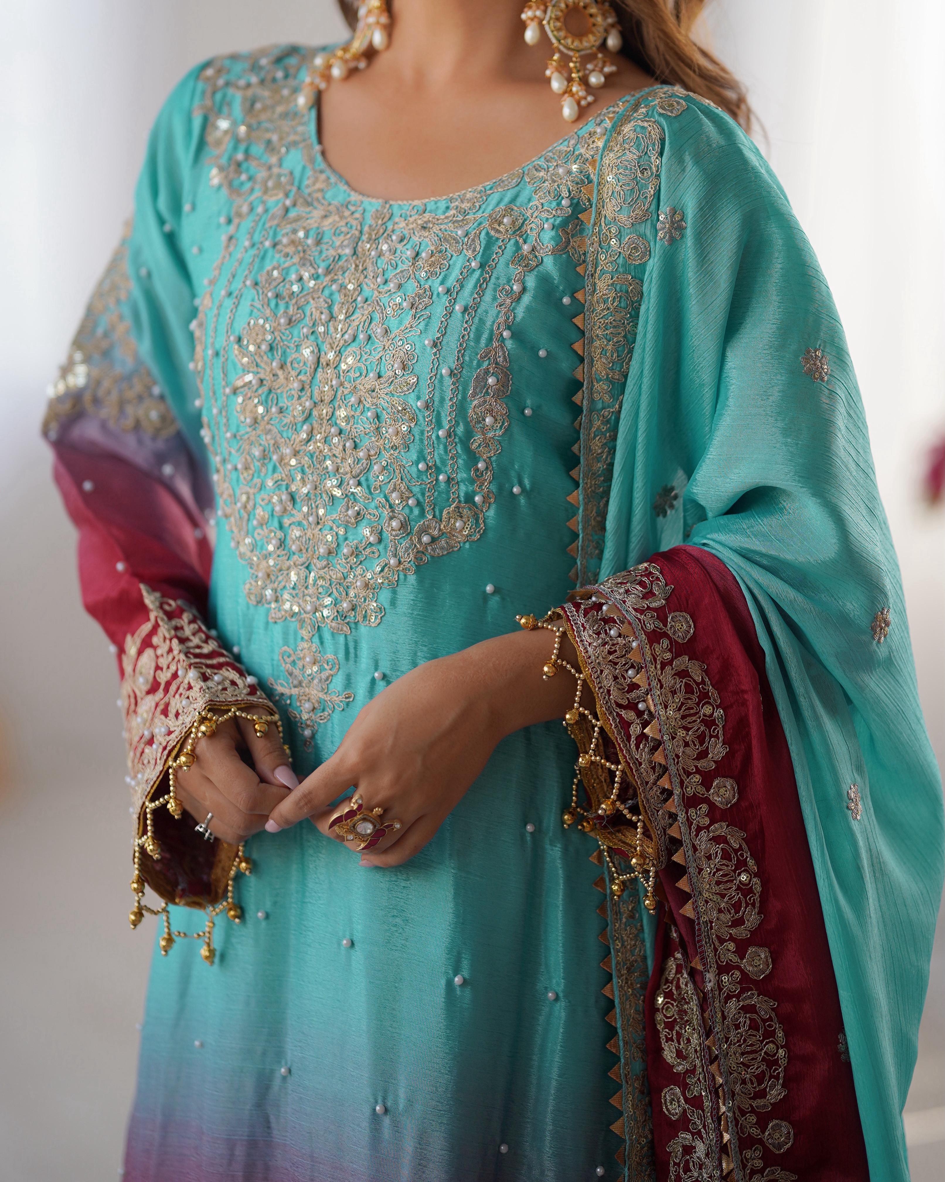 Beautiful Designer Chinon Silk Sequence With Rivet Moti Work Sharara