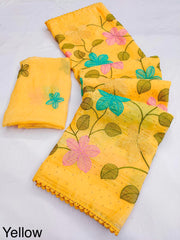 Party-wear Viscose Crunchy Silk Floral Design Embroidery Thread Work Saree