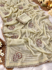 Beautiful Star Georgette Elephant Motif Beads & Thread Work Saree