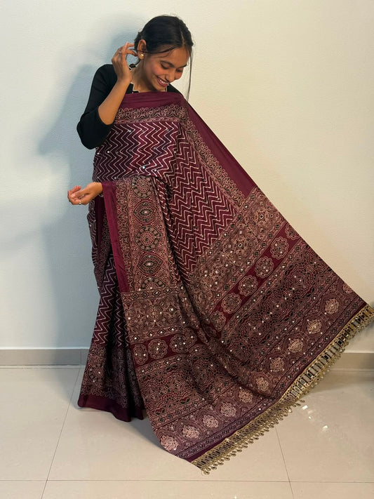 Trending Pure Arjakh Satin Viscose Silk With Real Mirror & Printed Saree