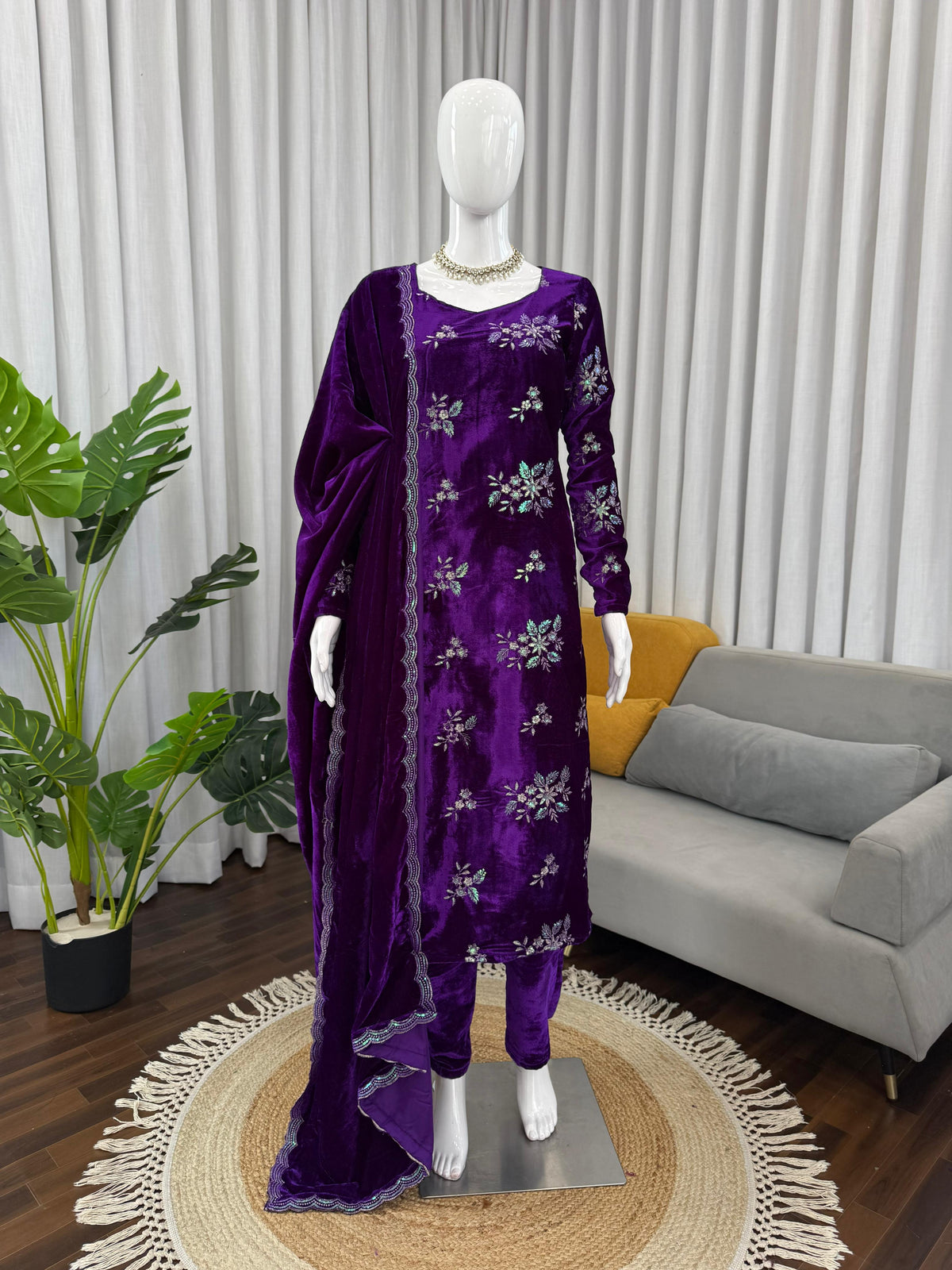 Elegant Ethnic Viscose Velvet Thread & Sequence Work Suit