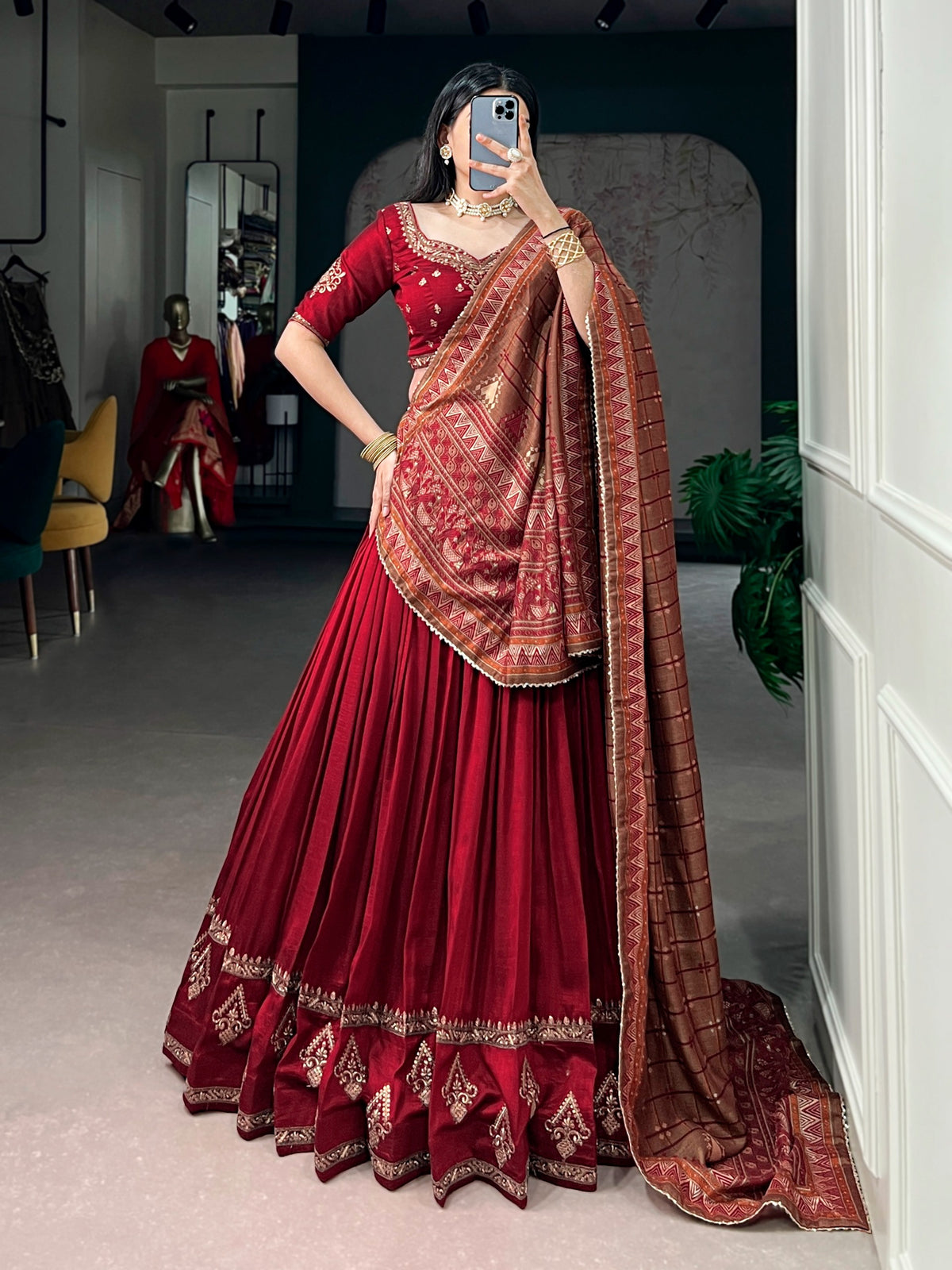 Beautiful Vichitra Silk Sequins & Thread Embroidery Work Lehenga Choli