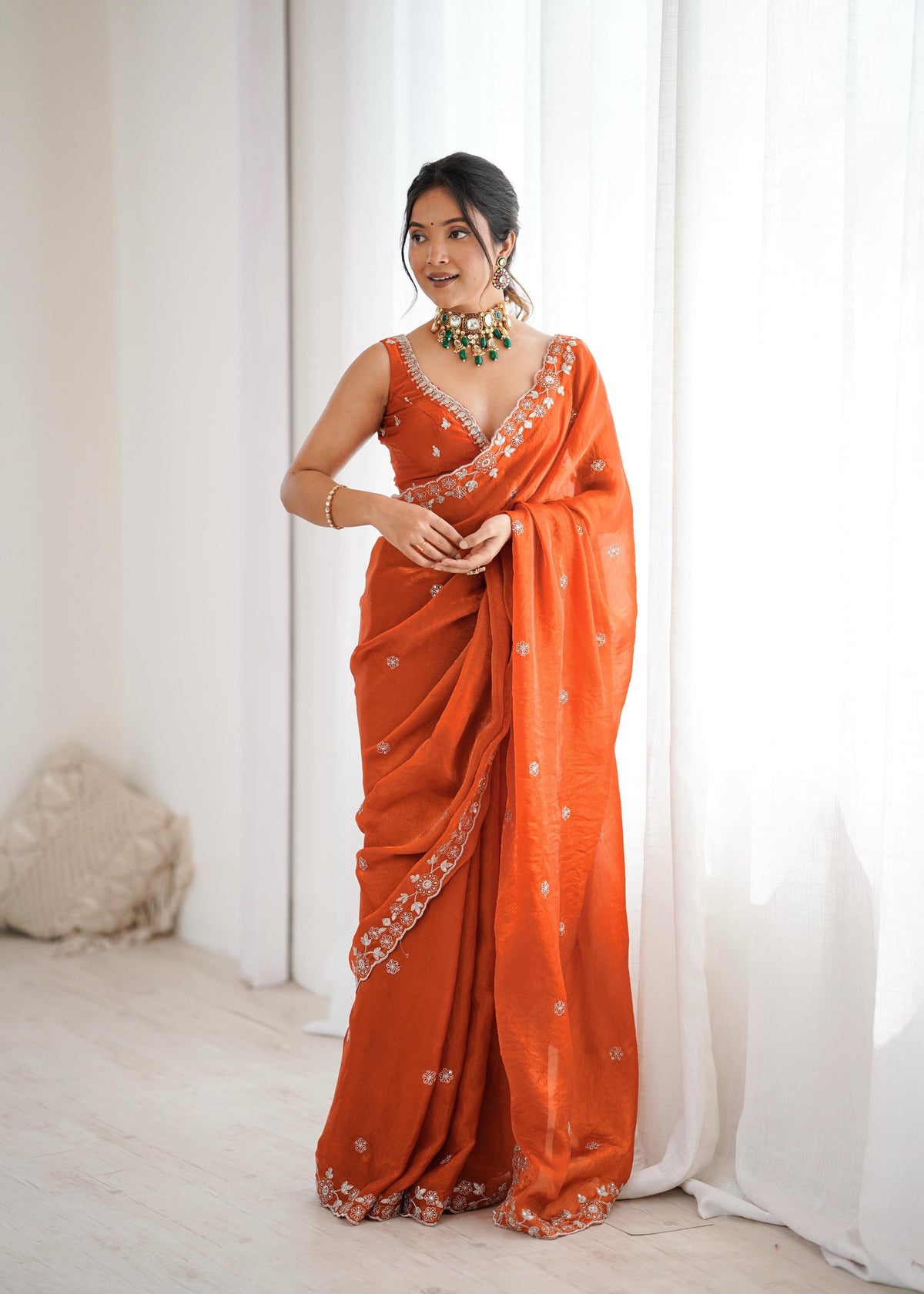 Trending Rust Fendy Silk Thread & Sequence Embroidery Work Saree