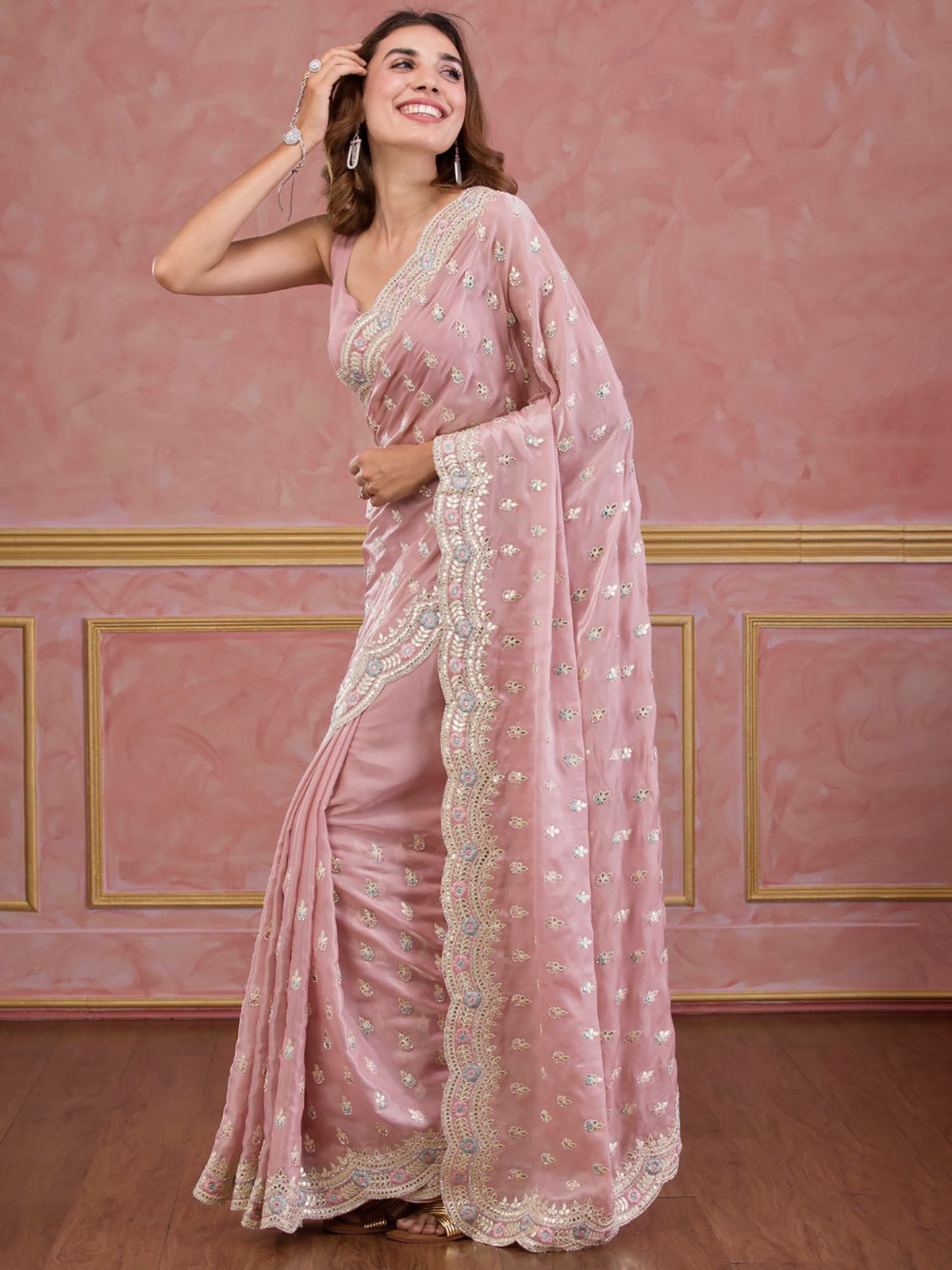 Diamond Chinon Silk with Heavy Embroidery Work Saree