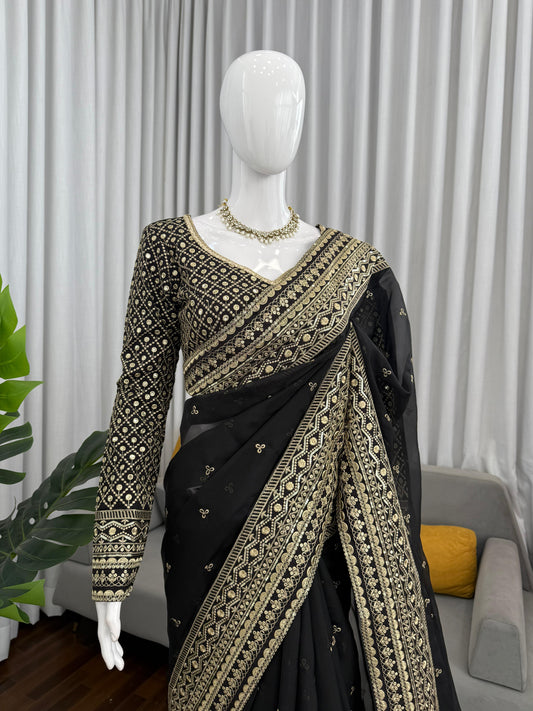 Beautiful Black Tibby Silk Sequence With Thread Work Saree