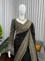 Beautiful Black Tibby Silk Sequence With Thread Work Saree