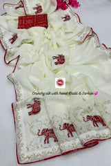 Rich Crunchy Silk Elephant Designer Cutdana & Jarkan Hand Work Saree