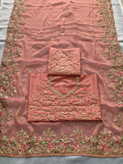 Party-wear Moss Chiffon Embroidery Cutwork Saree