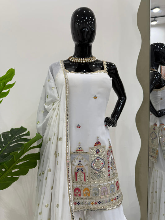 Beautiful Designer White Georgette Thread With Sequence Work Sharara