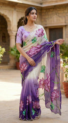 Beautiful Soft Organza With Floral Prints & Beads Katdana Handwork Border Saree