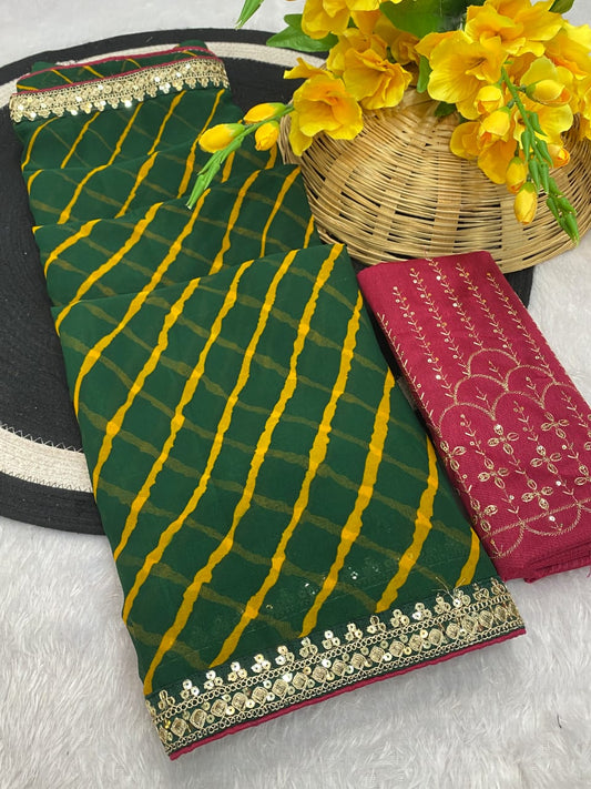 Beautiful Leheriya Designer Printed Coding Sequence Work Saree