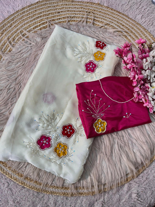 Beautiful Soft Shine Chinon Slik Work Saree