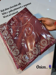 Beautiful Soft Shine Chocolate Silk Fabric Sequence & Cut work Saree