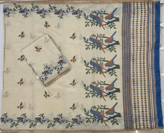 Beautiful Cream Khadi Silk Printed Saree