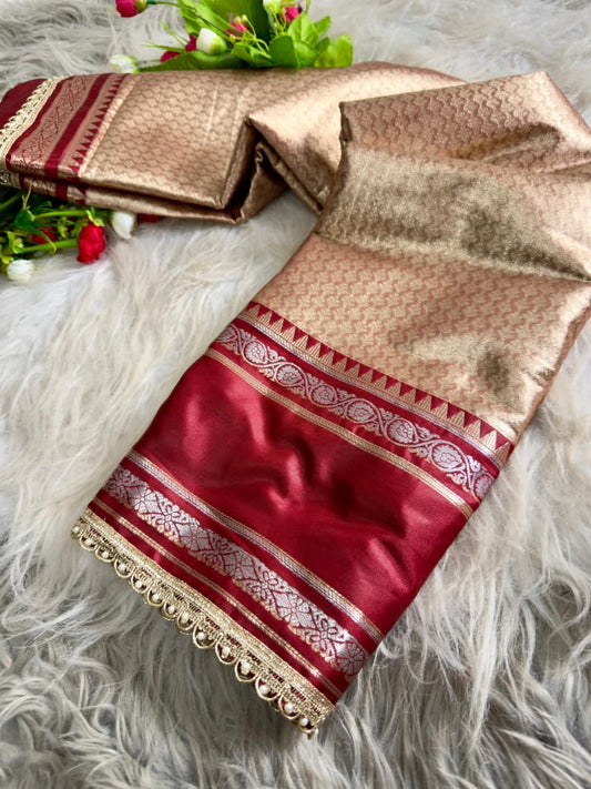 Beautiful Rich Golden-Beige And Maroon Silk Zari Weaving Saree