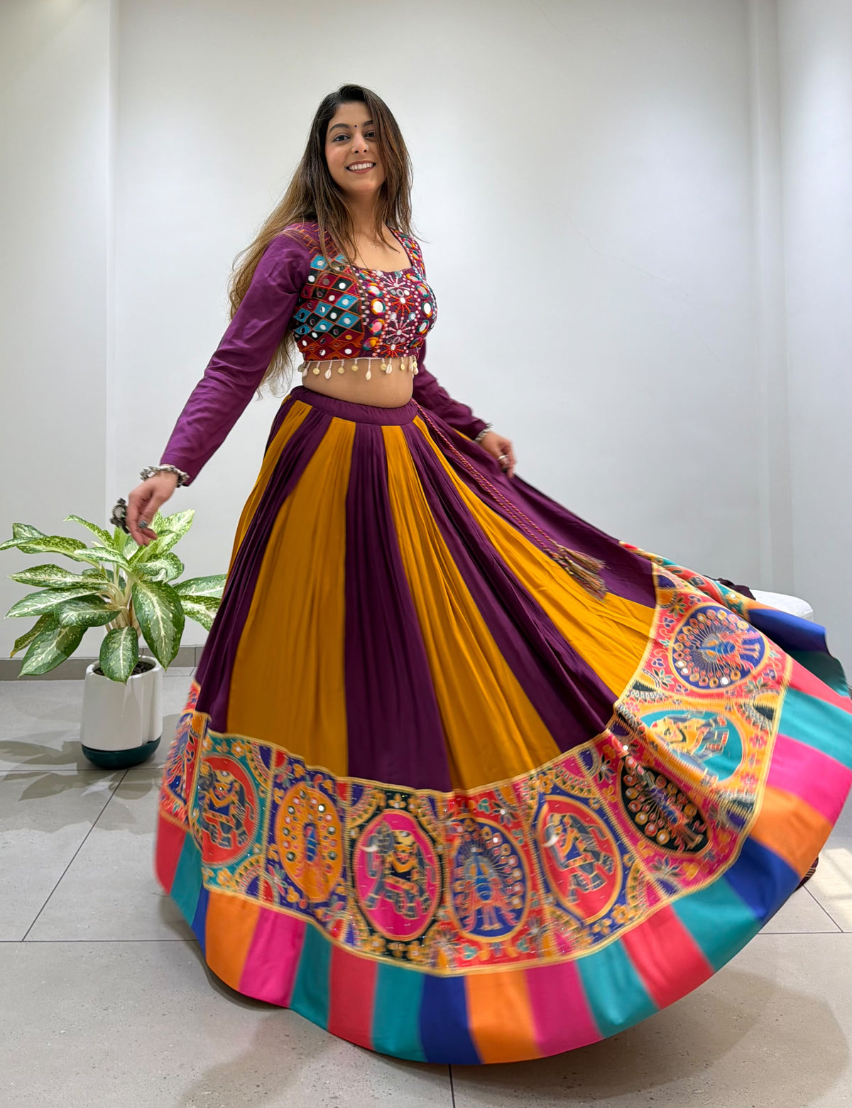 Navratri Special Rayon Silk Real Mirror Embroidery Work Lehenga With Stitched Blouse