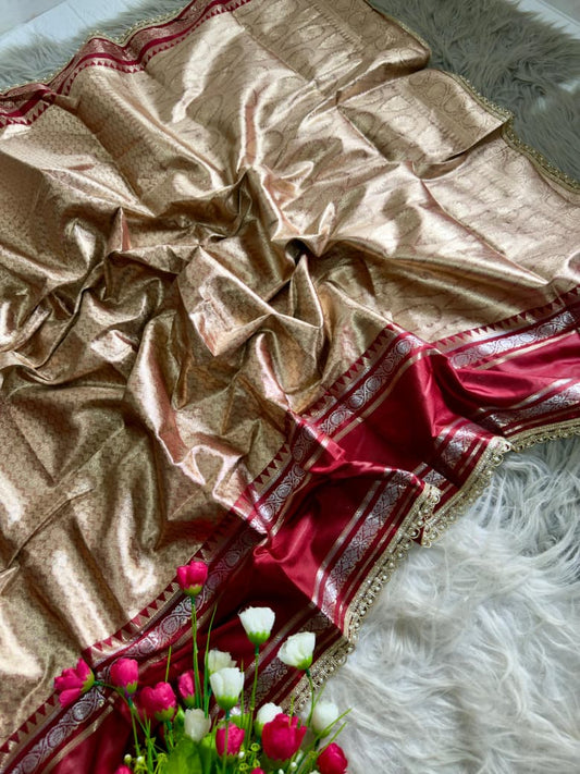 Beautiful Rich Golden-Beige And Maroon Silk Zari Weaving Saree