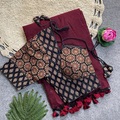 Beautiful Khadi Cotton Silk Saree With Designer Ready-made Ajrakh Cotton Blouse