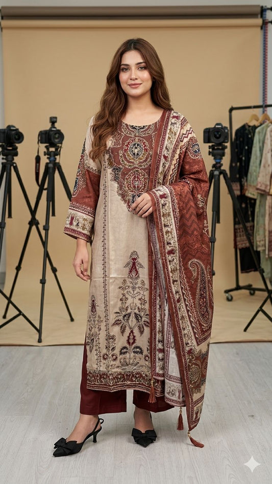 Beautiful Chinon Silk Mirror Work Printed Suit