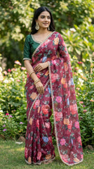 Beautiful Smooth Chinnon Embroidery Printed Work Saree