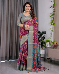Beautiful  Pure Hand-loom Linen Digital Floral Printed Saree