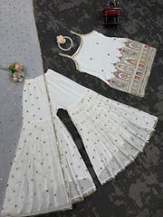 Beautiful Designer White Georgette Thread With Sequence Work Sharara