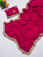 Partywere Soft Silk Satin designer Lace Work Saree