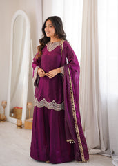 Beautiful Fendy Silk Embroidery Real mirror Work Sarara set