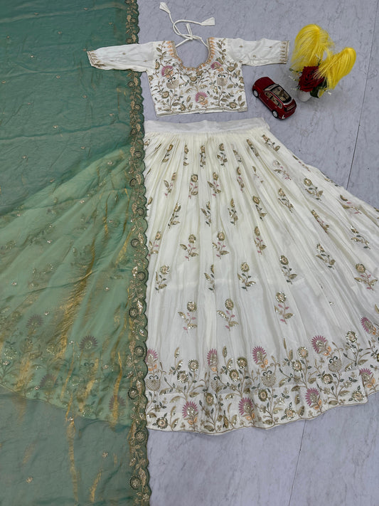 Beautiful chinon silk Embroidery Thread & Sequence Work Lehenga With Stitched Blouse