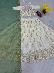 Beautiful chinon silk Embroidery Thread & Sequence Work Lehenga With Stitched Blouse
