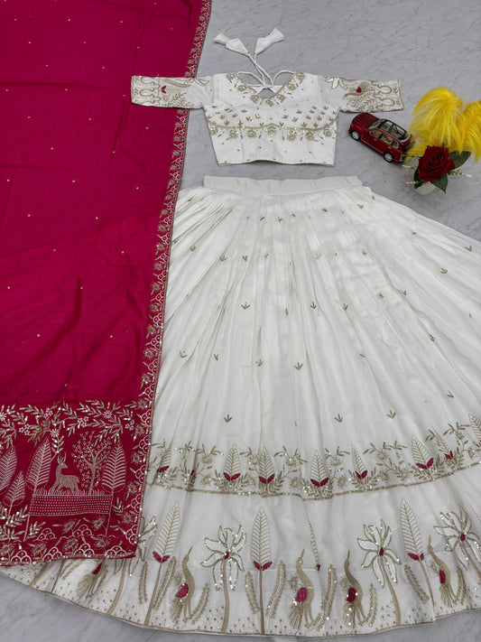 Festive Special White Vichitra Silk Embroidery Thread & Sequence Work Lehenga Choli