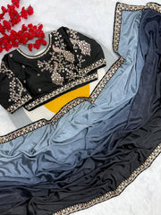 Beautiful  Blooming Chinnon Peding Silk Saree With Stitched Blouse