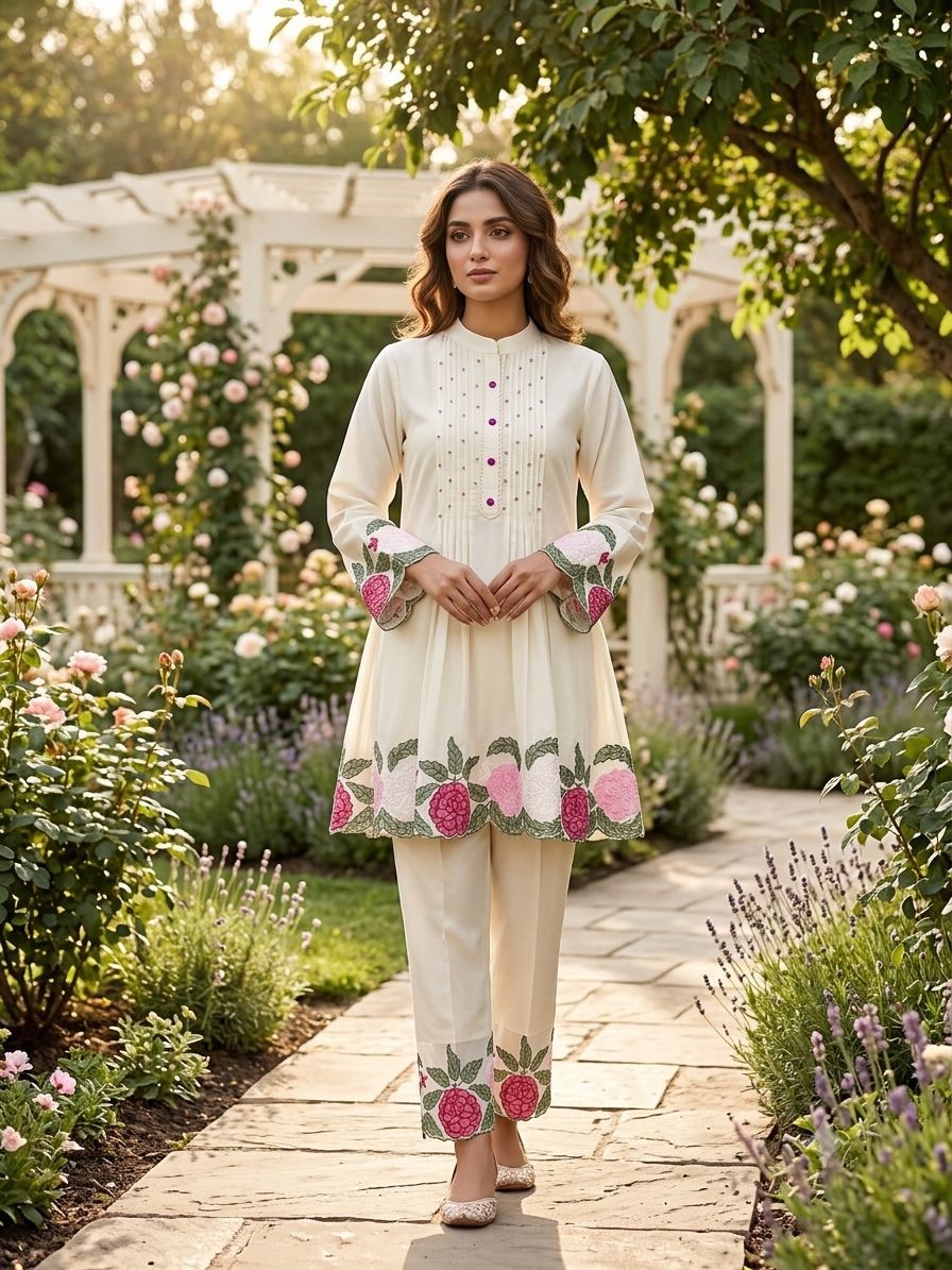 Beautiful Roman Silk Embroidery Work Co-Ord Set