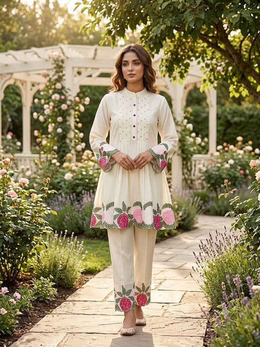 Beautiful Roman Silk Embroidery Work Co-Ord Set