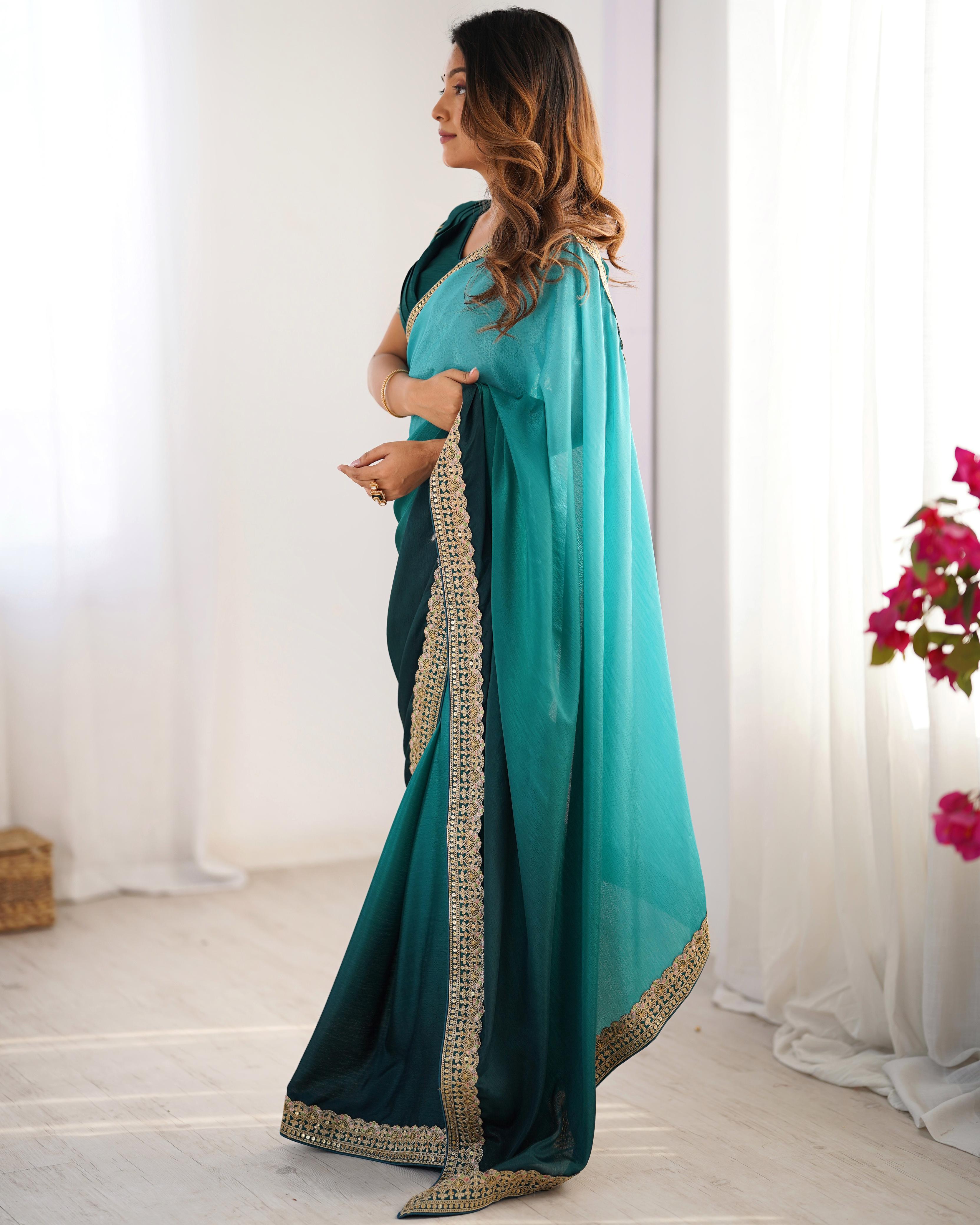 Beautiful Party-wear Chinon Silk Thread With Sequence Work Saree