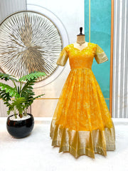 Trending Full Stitched Organza Silk With Full Flair Foil Work Gown