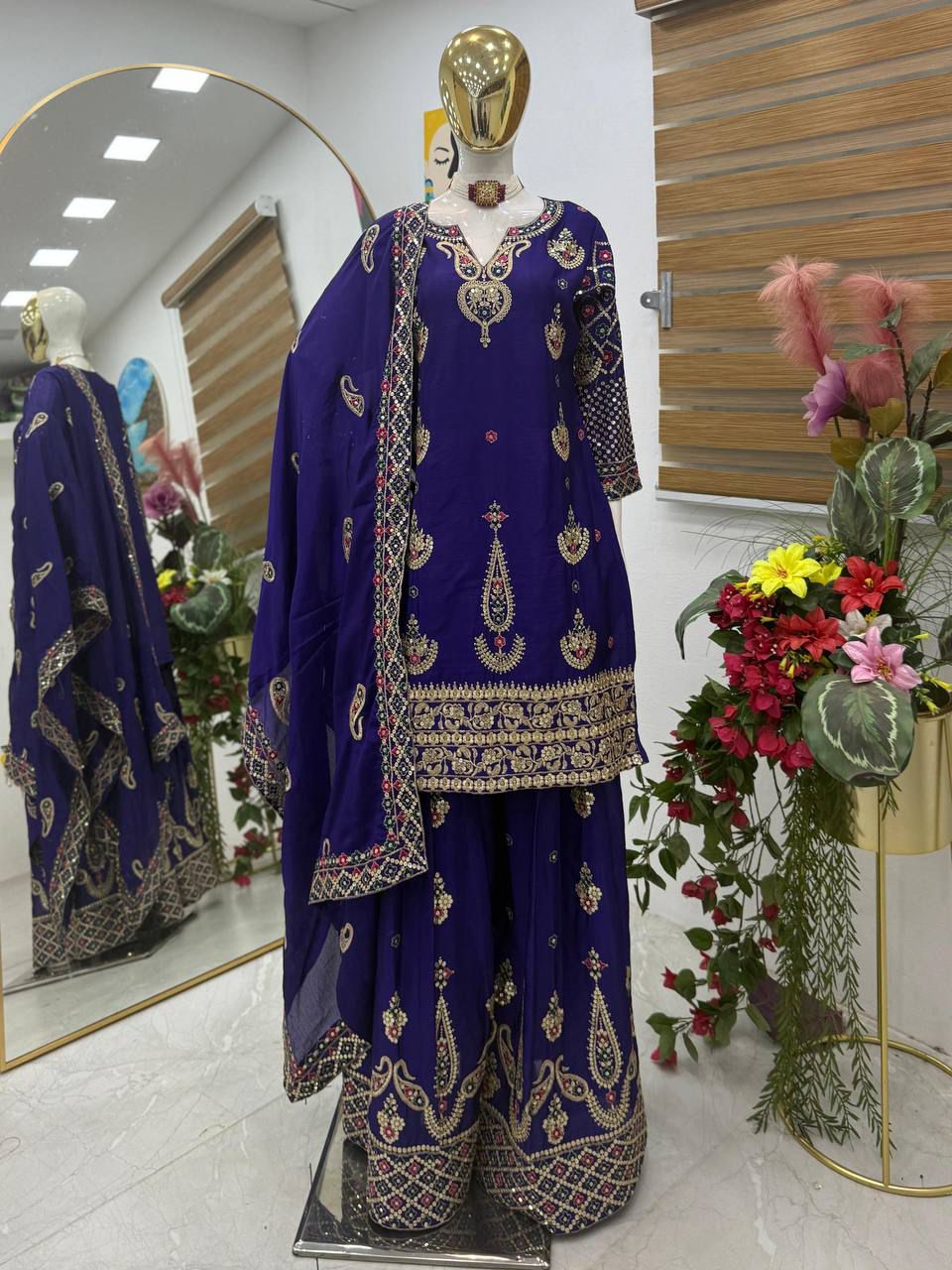 Designer Party-wear Chinon Silk Embroidery & Sequence Work Sharara Suit