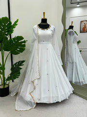 Beautiful Georgette White Designer Handwork Gown