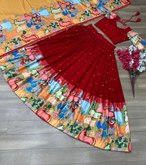 Beautiful Georgette Kalamkari Printed & Embroidery Thread Work Lehenga With Stitched Blouse